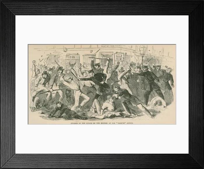 Framed Print : The charge of the New York City police on the Draft Rioters at the Tribune Office. The Draft Riots lasted from July 13-16, 1863