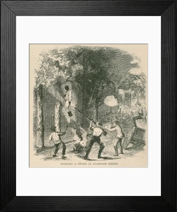 Framed Print : An African American was attacked by a mob of 400 and then hung from a tree and set alight on Clarkson Street during the New York City Draft Riots of July 1863