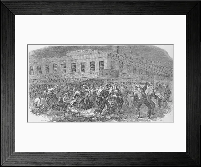 Framed Print : The sacking of Brooks Brothers Clothing Store at Catherine and Cherry streets in New York City during the Draft Riots of July 13-16, 1863