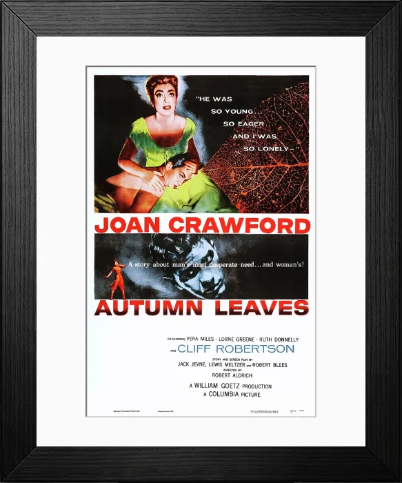 Framed Print : AUTUMN LEAVES, top l-r: Cliff Robertson, Joan Crawford, bottom: Cliff Robertson on poster art, 1956