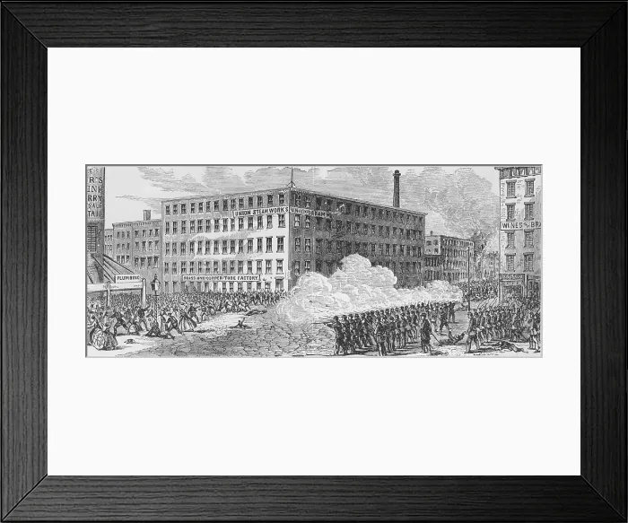 Framed Print : The Draft Riot battle on Second Avenue of July 16, 1863, in which Union troops opened fire on the mob, resulting in many deaths