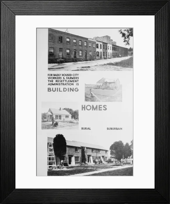 Framed Print : United States Resettlement Administration posters illustrating the dilapidated housing it would replace with new homes built with relief labor