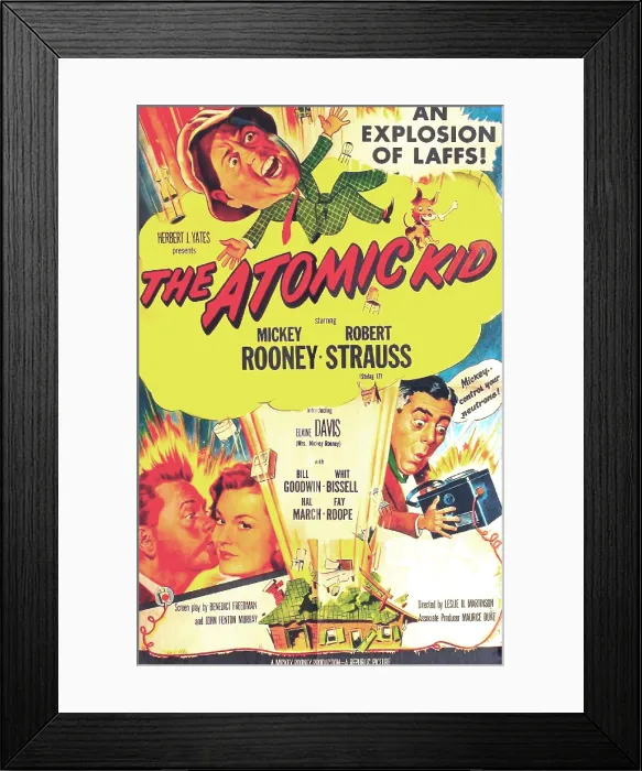 Framed Print : THE ATOMIC KID, US poster, Mickey Rooney (top), bottom from left: Mickey Rooney, Elaine Devry (as Elaine Davis), Robert Strauss, 1954