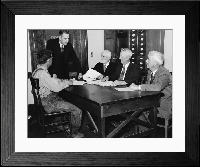 Framed Print : A Nebraska farmer meets with a Farm Security Administration Debt Adjustment Committee for help to avoiding foreclosure of his farm mortgage Framed Print : A Nebraska farmer meets with a Farm Security Administration Debt Adjustment Committee for help to avoiding foreclosure of his farm mortgage
