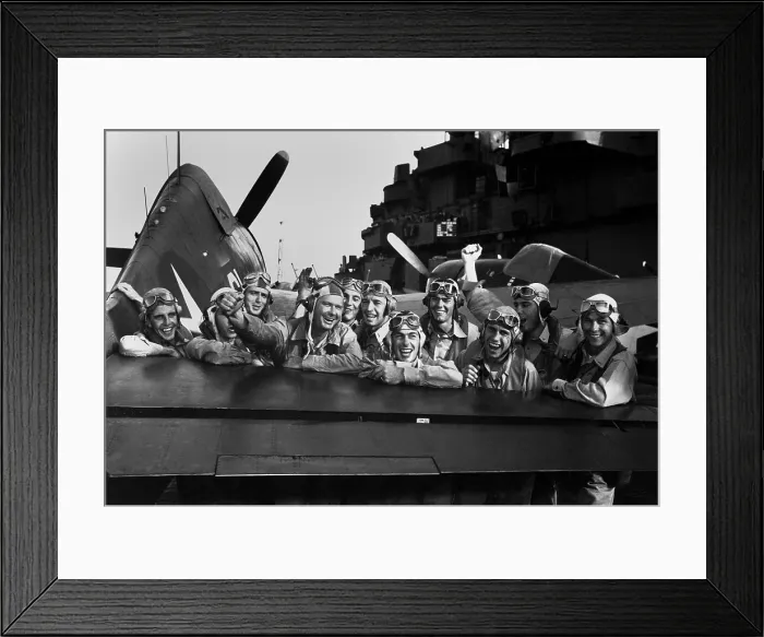Framed Print : Navy pilots celebrate on the USS LEXINGTON, after shooting down 17 Japanese planes during Battle of Tarawa. Nov. 20-23, 1943. (BSLOC_2013-12_193)