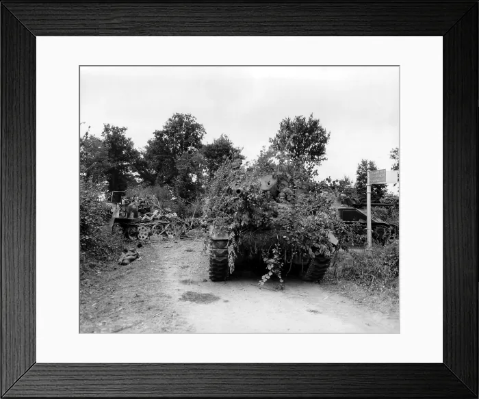 Framed Print : U.S. tanks in combat in the hedgerows of Normandy, during the Battle of the Falaise Pocket. On left is a destroyed German half-track and a dead German soldier Framed Print : U.S. tanks in combat in the hedgerows of Normandy, during the Battle of the Falaise Pocket. On left is a destroyed German half-track and a dead German soldier
