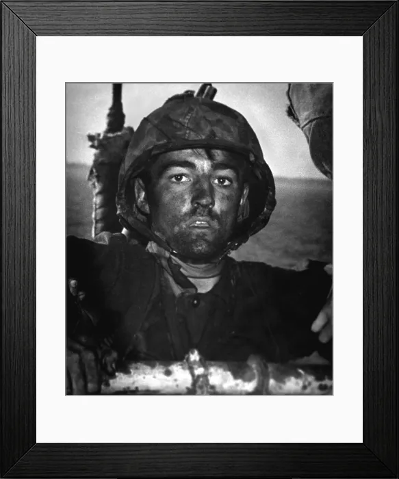 Framed Print : U.S. Marine after two days and nights on the beach of Eniwetok Island. His face is grimy with coral dust after island was taken from 800 Japanese defenders, Feb. 17-23, 1944