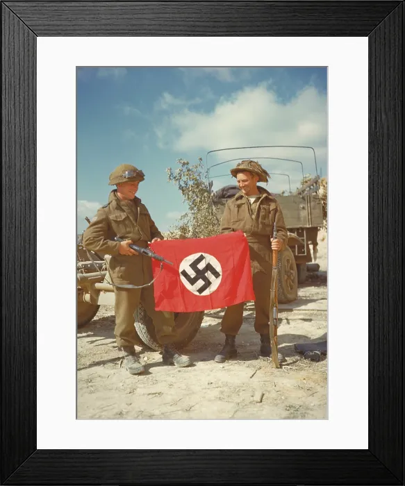 Framed Print : Canadian soldiers with a Nazi flag captured in Haut-Mesnil. August 10, 1944. Normandy, France, World War 2. (BSLOC_2014_2_133) Framed Print : Canadian soldiers with a Nazi flag captured in Haut-Mesnil. August 10, 1944. Normandy, France, World War 2. (BSLOC_2014_2_133)