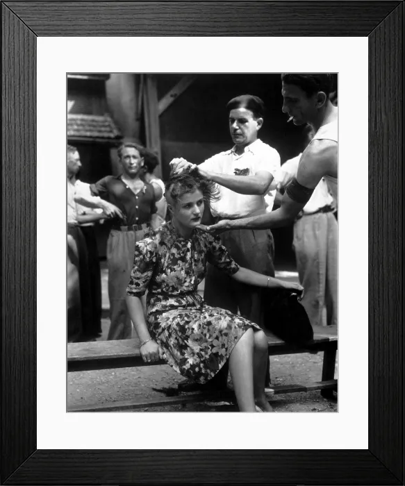 Framed Print : Young French woman's head is shaved in Montelimar area, southern France, August 20, 1944 Framed Print : Young French woman's head is shaved in Montelimar area, southern France, August 20, 1944