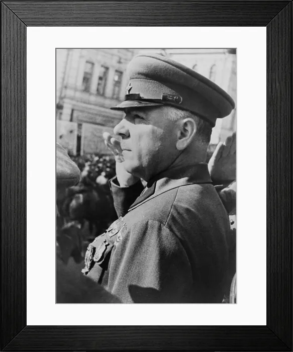 Framed Print : Marshal Zhukov saluting while reviewing a Russian military parade. Unknown location. Ca. 1945. Photo by Georgii Zelma. (BSLOC_2013-12_34)