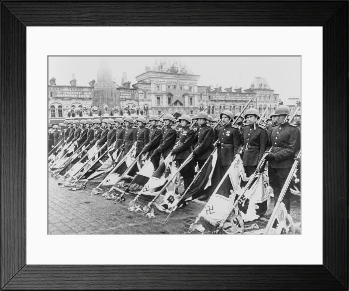 Framed Print : Russian victory parade in Moscow at the end of World War 2, June 24, 1945. Soviet soldiers holding Nazi standards to the ground during a victory parade in Red Square