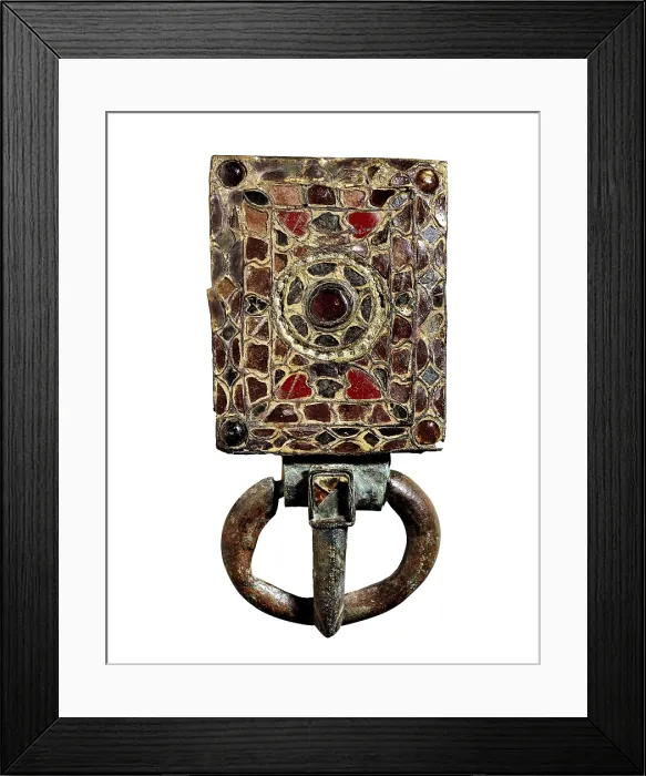 Framed Print : Brass belt buckle with encrusted glasses, 7th century. It belongs to the Treasure of Torredonjimeno. Visigothic art. Jewelry. SPAIN. Barcelona. Archaeology Museum of Catalonia