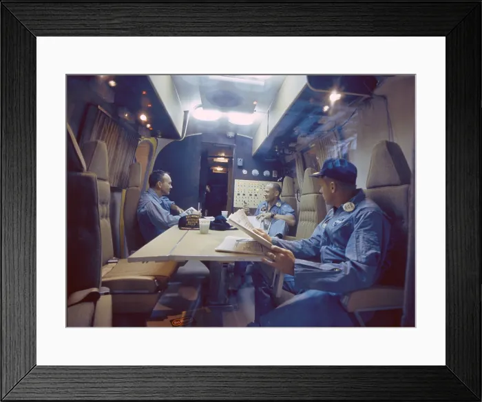 Framed Print : Apollo 11 Astronauts in quarantine trailer on the USS Hornet