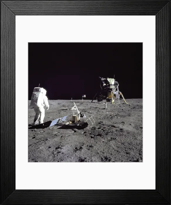 Framed Print : Apollo 11 astronaut Edwin Aldrin looks back at Tranquility Base. Aldrin just deployed a passive Seismic experiment and a Laser Ranging Retro-Reflector (foreground). July 20, 1969 Framed Print : Apollo 11 astronaut Edwin Aldrin looks back at Tranquility Base. Aldrin just deployed a passive Seismic experiment and a Laser Ranging Retro-Reflector (foreground). July 20, 1969