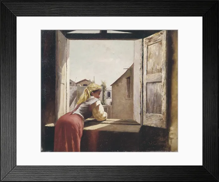 Framed Print : Woman on a window (Donna alla finestra), by Vincenzo Cabianca, 19th Century, oil on canvas - Italy, Piedmont, Turin, Modern Art Gallery. Whole artwork view