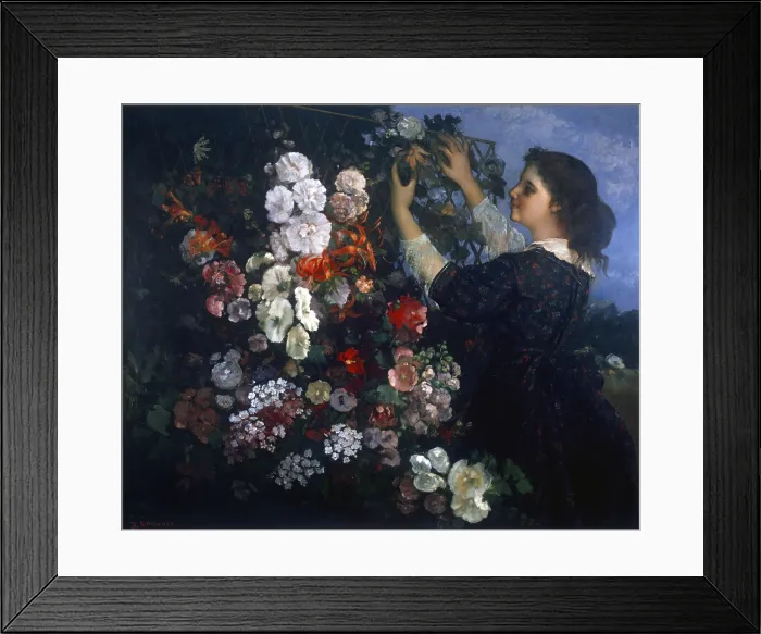 Framed Print : The pergola, by Gustave Courbet, 1862, 19th Century, oil on canvas, 109, 8 x 135, 2 cm - USA, Toledo, Toledo Museum of Art. Whole artwork view. A woman fixes flowers up a pergola
