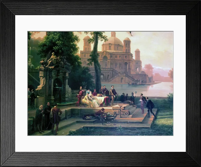 Framed Print : Emanuele Filiberto receives Torquato Tasso in the gardens of the park (Emanuele Filiberto riceve Torquato Tasso nei giardini del parco), by Massimo D'Azeglio, 19th Century