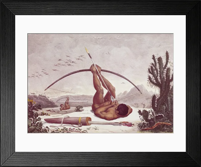 Framed Print : DEBRET, Jean Baptiste (1768-1848). A Colourful and Historic Journey to Brazil. 1839. Cabocle (civilized Indian) shooting a bow. Costumbrism. Litography
