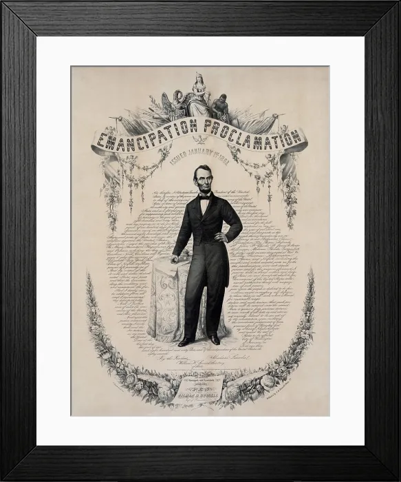 Framed Print : Commemorative print of Abraham Lincoln with the text of the Emancipation Proclamation of January 1, 1863. Print published in 1865
