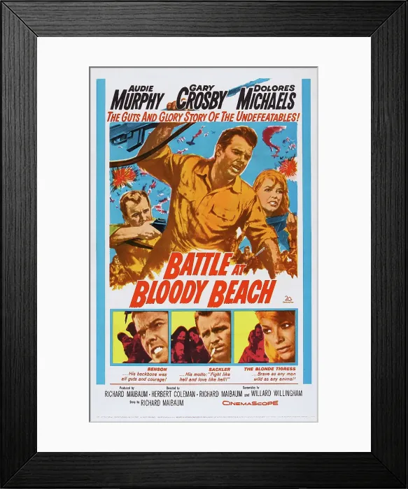 Framed Print : BATTLE AT BLOODY BEACH, US poster art, bottom from left: Audie Murphy, Gary Crosby, Dolores Michaels, 1961, TM & Copyright 20th Century Fox Film Corp