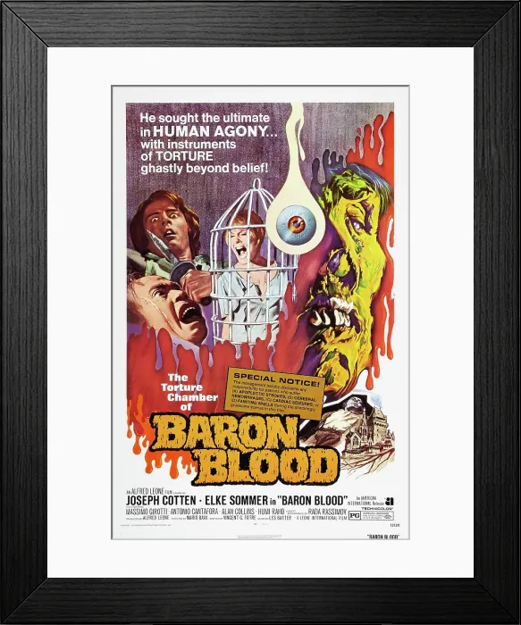 Framed Print : BARON BLOOD, (aka GLI ORRORI DEL CASTELLO DI NORIMBERGA), poster art, from left: Anotinio Cantafora, Elke Sommer, 1972 Framed Print : BARON BLOOD, (aka GLI ORRORI DEL CASTELLO DI NORIMBERGA), poster art, from left: Anotinio Cantafora, Elke Sommer, 1972