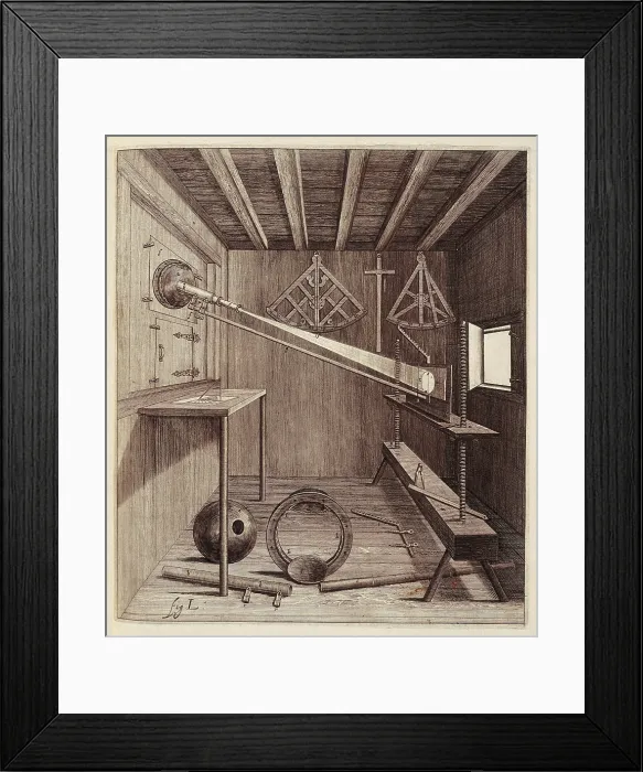Framed Print : Hevelius, Johannes (1611-1687). German astronomer. Selenographia (1647). Illustration from the first detailed map of the Moon. Tools used for observation. SPAIN. Barcelona