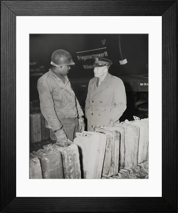 Framed Print : General Dwight Eisenhower talks with African American Private Edward Clay. Clay is stationed at a gas dump on the Western Front
