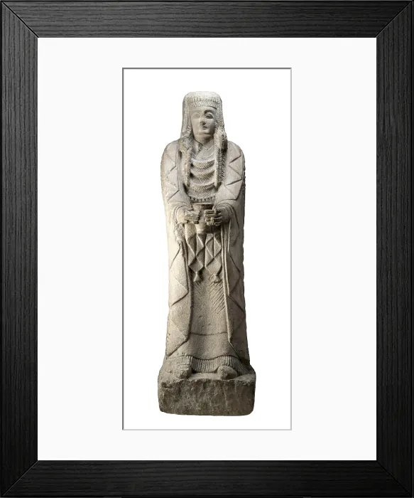 Framed Print : Lady from El Cerro de los Santos. 3rd BC. Sandstorm stone. Offerer lady. Iberian art. Sculpture on rock. SPAIN. Madrid. National Museum of Archaeology. Proc: SPAIN