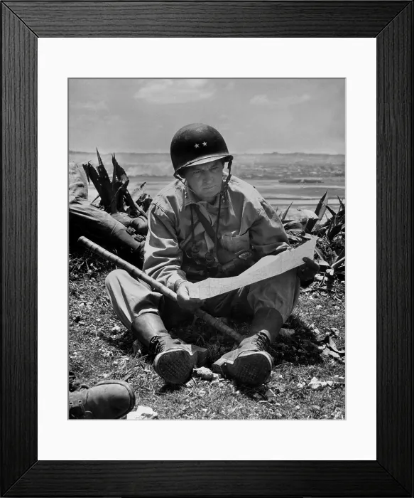 Framed Print : Marine Maj. Gen. Lemuel Shepherd, commander of the 6th Marine Division on Okinawa. In the distance is the captured capital of Naha. June 10, 1945. World War 2. (BSLOC_2013_13_100)