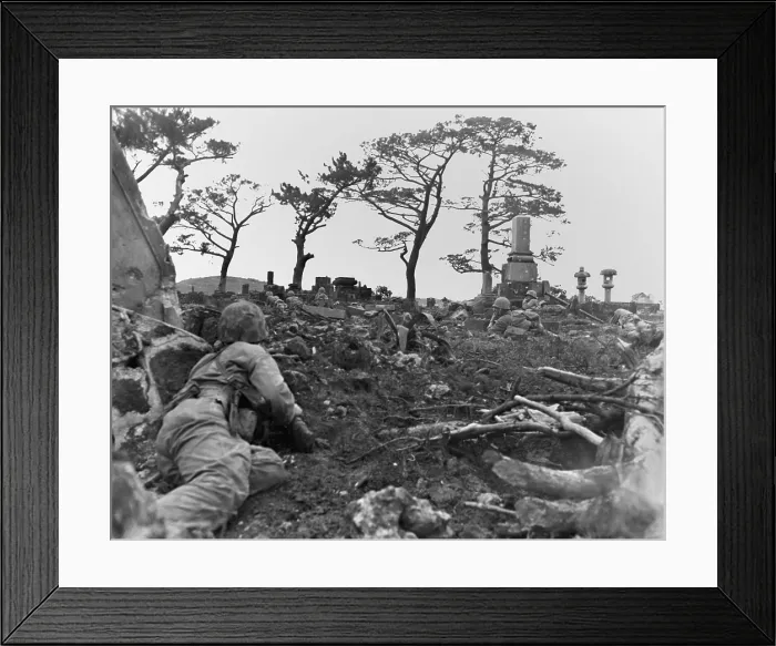 Framed Print : Marines pinned down behind gravestones by Japanese snipers during the Battle of Okinawa. June 1, 1945. World War 2. (BSLOC_2013_13_105)
