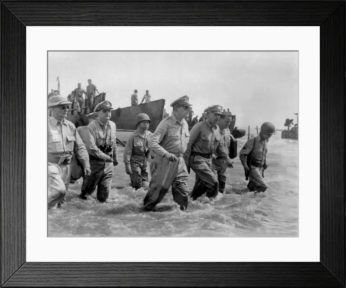 Framed Print : Gen. Douglas MacArthur wades ashore during initial landings at Leyte Island, Philippines. Oct. 20, 1944. (BSLOC_2013-12_89) Framed Print : Gen. Douglas MacArthur wades ashore during initial landings at Leyte Island, Philippines. Oct. 20, 1944. (BSLOC_2013-12_89)