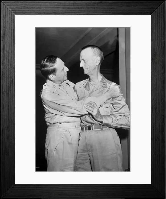 Framed Print : Generals Douglas MacArthur and Jonathan Wainwright embrace at Yokohama, Japan. August 31, 1945 Framed Print : Generals Douglas MacArthur and Jonathan Wainwright embrace at Yokohama, Japan. August 31, 1945