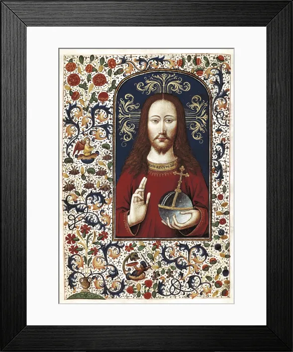 Framed Print : VRELANT, Willem (1410-1481). Book of Hours of Leonor de la Vega. 1465 - 1470. Illustration of Christ blessing. Flemish art. ; Gothic art. Miniature Painting. SPAIN. Madrid Framed Print : VRELANT, Willem (1410-1481). Book of Hours of Leonor de la Vega. 1465 - 1470. Illustration of Christ blessing. Flemish art. ; Gothic art. Miniature Painting. SPAIN. Madrid