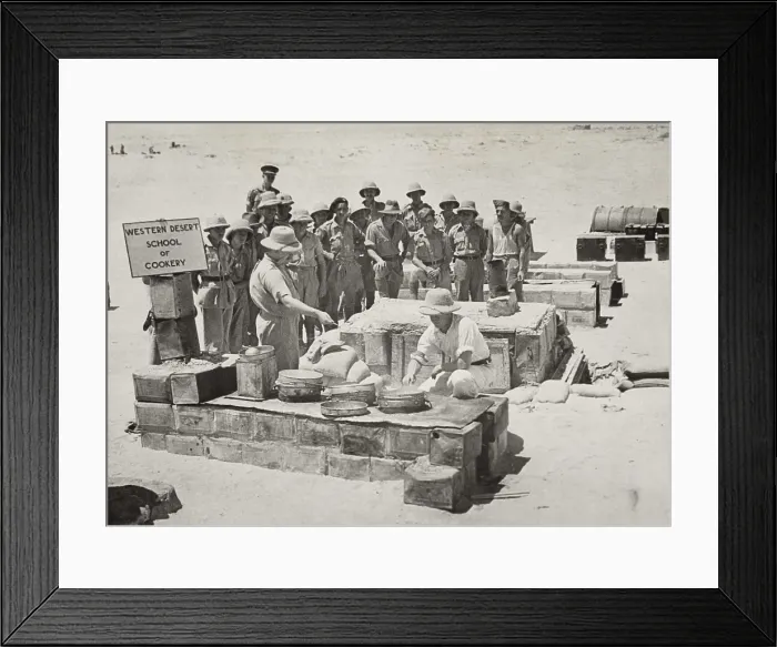 Framed Print : British soldiers receive training in the Western Desert. They are taught how to erect ovens out of petrol tins and oil drums and make full use of field rations