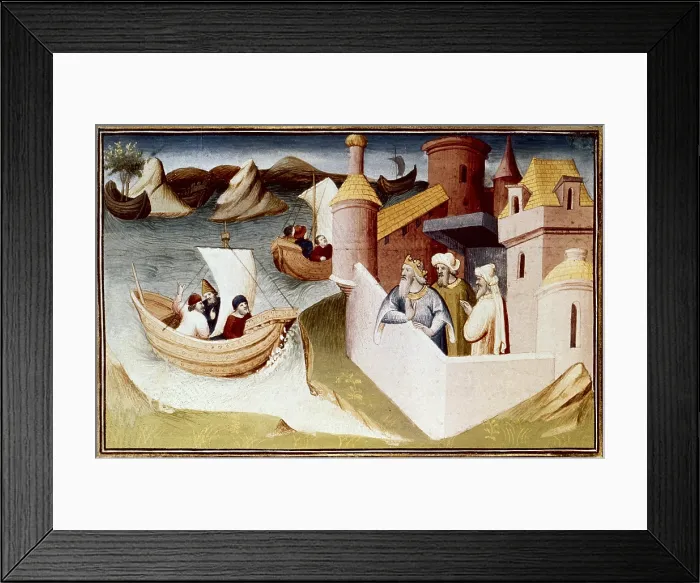 Framed Print : Polo, Marco (1254-1324). Venetian traveller. 'The Book of Wolrd Wonders', manuscript edition in French (14th c.). Ships arriving to the city of Nicaea Framed Print : Polo, Marco (1254-1324). Venetian traveller. 'The Book of Wolrd Wonders', manuscript edition in French (14th c.). Ships arriving to the city of Nicaea