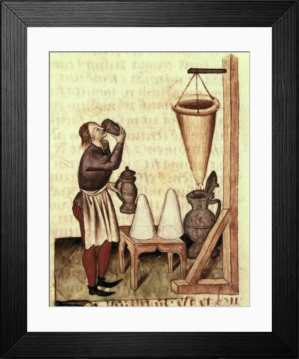 Framed Print : Dioscorides, Pedanius (40-c.70). Greek physician. He settled down the scientific grounds of the medicine. Distilling alcohol Framed Print : Dioscorides, Pedanius (40-c.70). Greek physician. He settled down the scientific grounds of the medicine. Distilling alcohol
