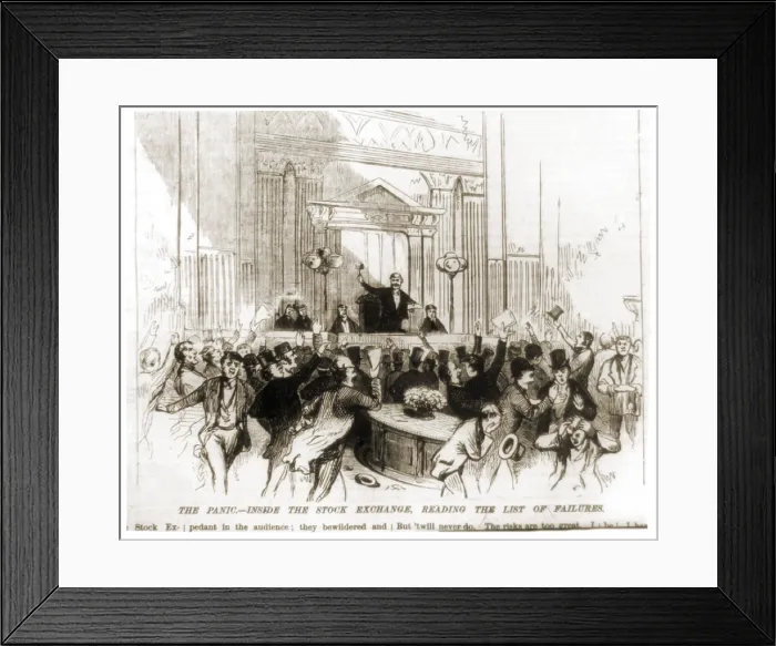 Framed Print : The panic inside the New York Stock Exchange during the reading of the list of bank failures, including the prominent bank, Jay Cooke & Company. September 18, 1873 Framed Print : The panic inside the New York Stock Exchange during the reading of the list of bank failures, including the prominent bank, Jay Cooke & Company. September 18, 1873