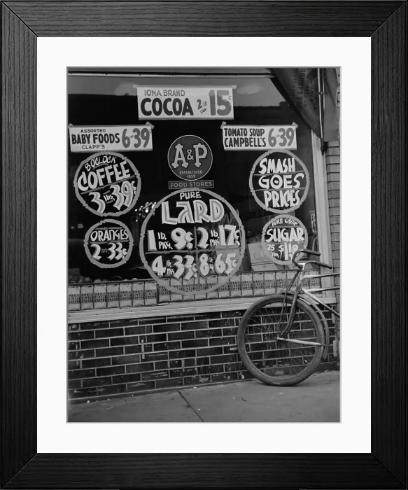 Framed Print : A&P chain food market advertises its special prices: Coffee at 13 cents per lb. and 25 lbs. of sugar for $1.19, and lard at 9 cents a lb. Herrin, Illinois, Jan. 1939 Framed Print : A&P chain food market advertises its special prices: Coffee at 13 cents per lb. and 25 lbs. of sugar for $1.19, and lard at 9 cents a lb. Herrin, Illinois, Jan. 1939