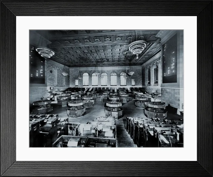 Framed Print : Trading floor of the former New York Curb Exchange, renamed the American Stock Exchange, at 86 Trinity Place in NYC Financial District. 1931