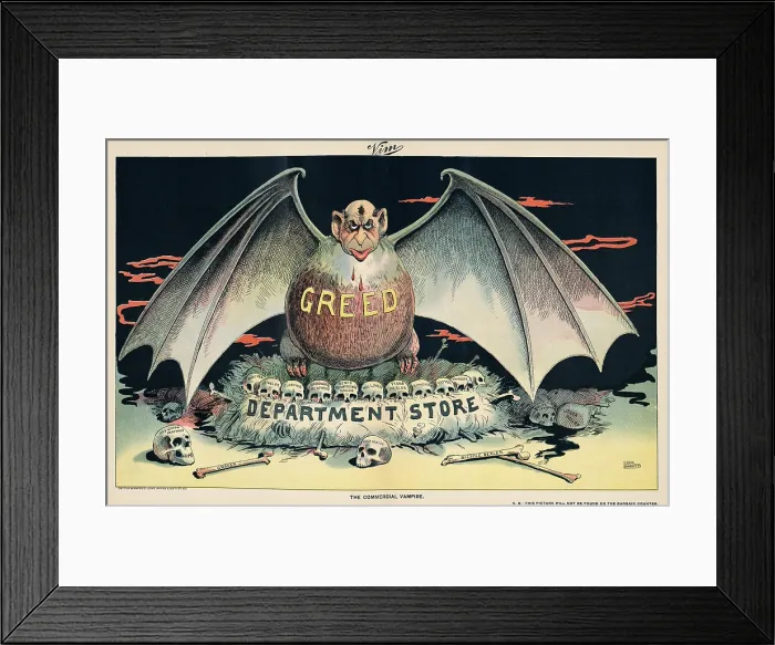 Framed Print : 1898 cartoon attacking the emergence of large, sometimes Jewish owned, department stores whose scale and efficiencies drove many small shops out of business