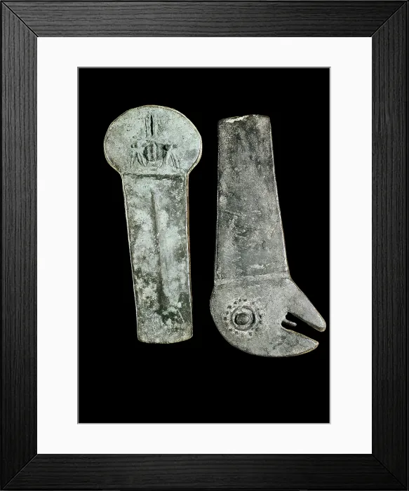 Framed Print : Nails of Milagro-Quevedo Culture. 500-1500. Copper. Art from the Guayas basin. Decorative Arts. ECUADOR. Quito. Culture House. Proc: ECUADOR. GUAYAS