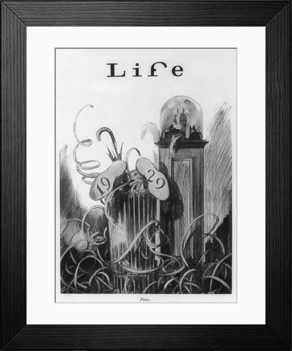 Framed Print : New Years cartoon related to the 1929 stock market crash showing shoes marked 1929 protruding from waste basket beside a ticker tape machine