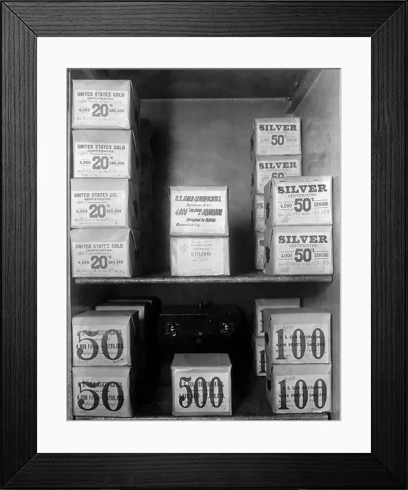 Framed Print : Cash vault of the United States Treasury holds packages of Gold and Silver certificates worth over 80 million dollars. In 1914, the U.S Framed Print : Cash vault of the United States Treasury holds packages of Gold and Silver certificates worth over 80 million dollars. In 1914, the U.S