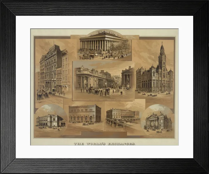 Framed Print : Stock exchanges in New York, Paris, London, Chicago, Hamburg, Frankfort, Berlin, and Brussels as they appeared in 1886