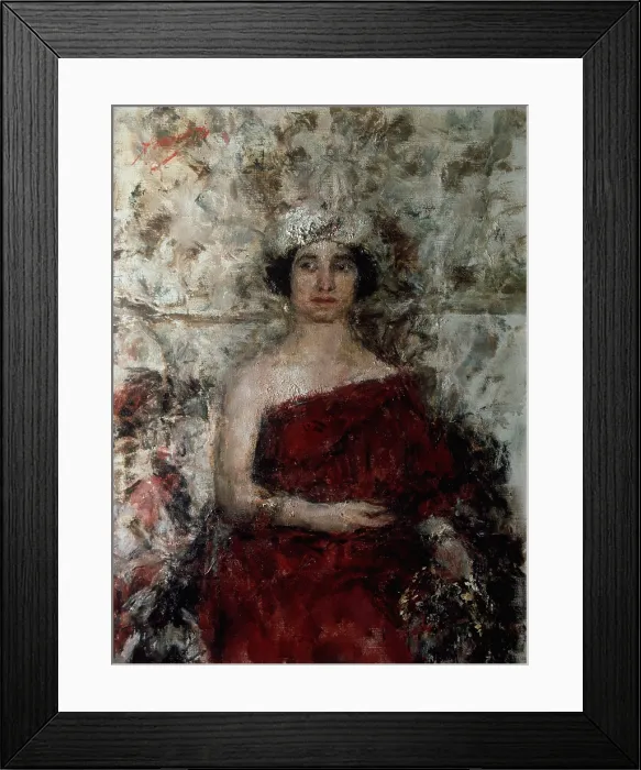 Framed Print : Lady in red with a turban (Signora in rosso con turbante), by Antonio Mancini, 1927, 20th Century, oil on canvas, 100 x 75 cm - Private collection. Whole artwork view