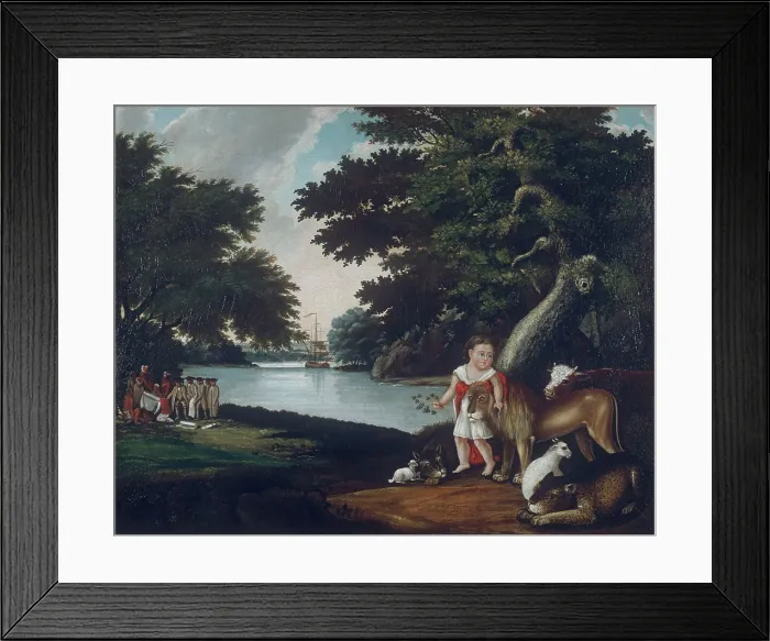 Framed Print : The realm of peace, by Edward Hicks, 1830 - 1835, 19th Century, oil on canvas - Whole artwork view. Idyllic scene among a rich vegetation on the banks of a river