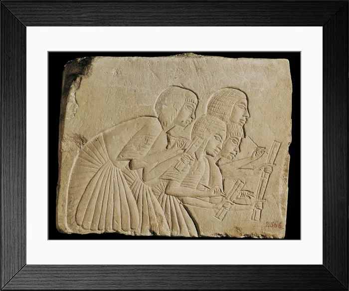 Framed Print : Scribes. 16th-14th c. BC. 18th dinasty. Egyptian art. New Kingdom. Relief on rock. ITALY. Florence. National Museum of Archaeology