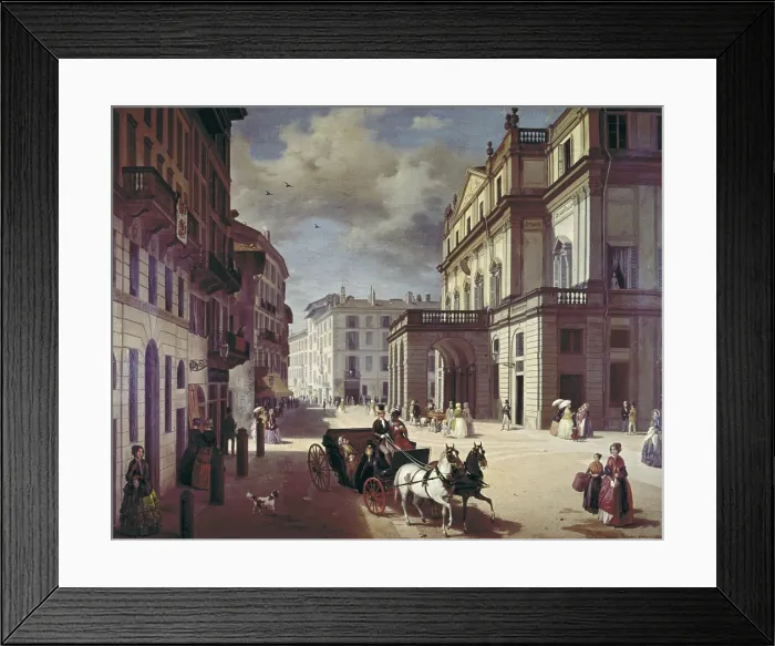 Framed Print : The facade of the Teatro alla Scala, by Angelo Inganni, 1852, 19th Century, oil on canvas - Italy, Lombardy, Milan, Museum of the Teatro alla Scala. Whole artwork view Framed Print : The facade of the Teatro alla Scala, by Angelo Inganni, 1852, 19th Century, oil on canvas - Italy, Lombardy, Milan, Museum of the Teatro alla Scala. Whole artwork view
