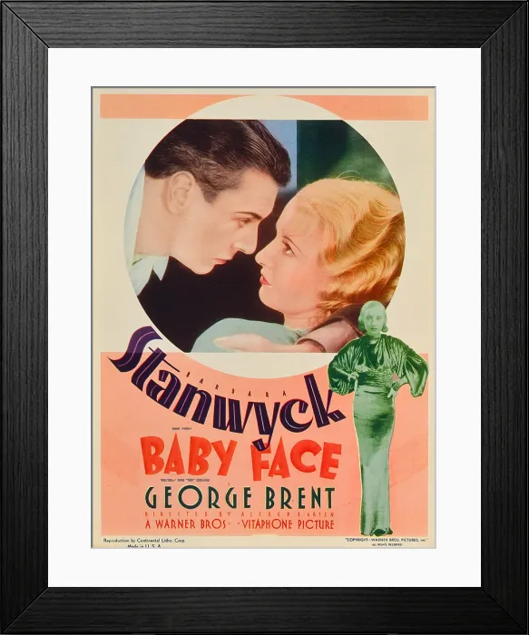 Framed Print : BABY FACE, top from left: George Brent, Barbara Stanwyck, bottom right: Barbara Staynwyck on midget window card, 1933 Framed Print : BABY FACE, top from left: George Brent, Barbara Stanwyck, bottom right: Barbara Staynwyck on midget window card, 1933
