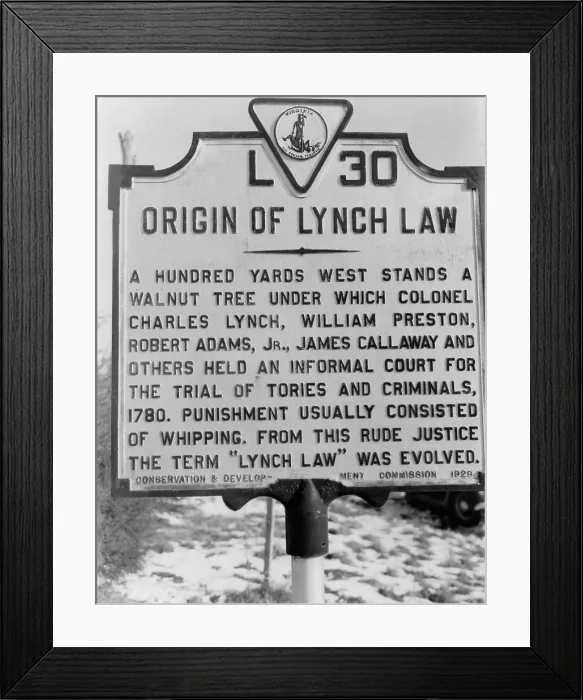 Framed Print : Historical road marker in Virginia reads hundred yards west stands a walnut tree under which Colonel Charles Lynch Framed Print : Historical road marker in Virginia reads hundred yards west stands a walnut tree under which Colonel Charles Lynch